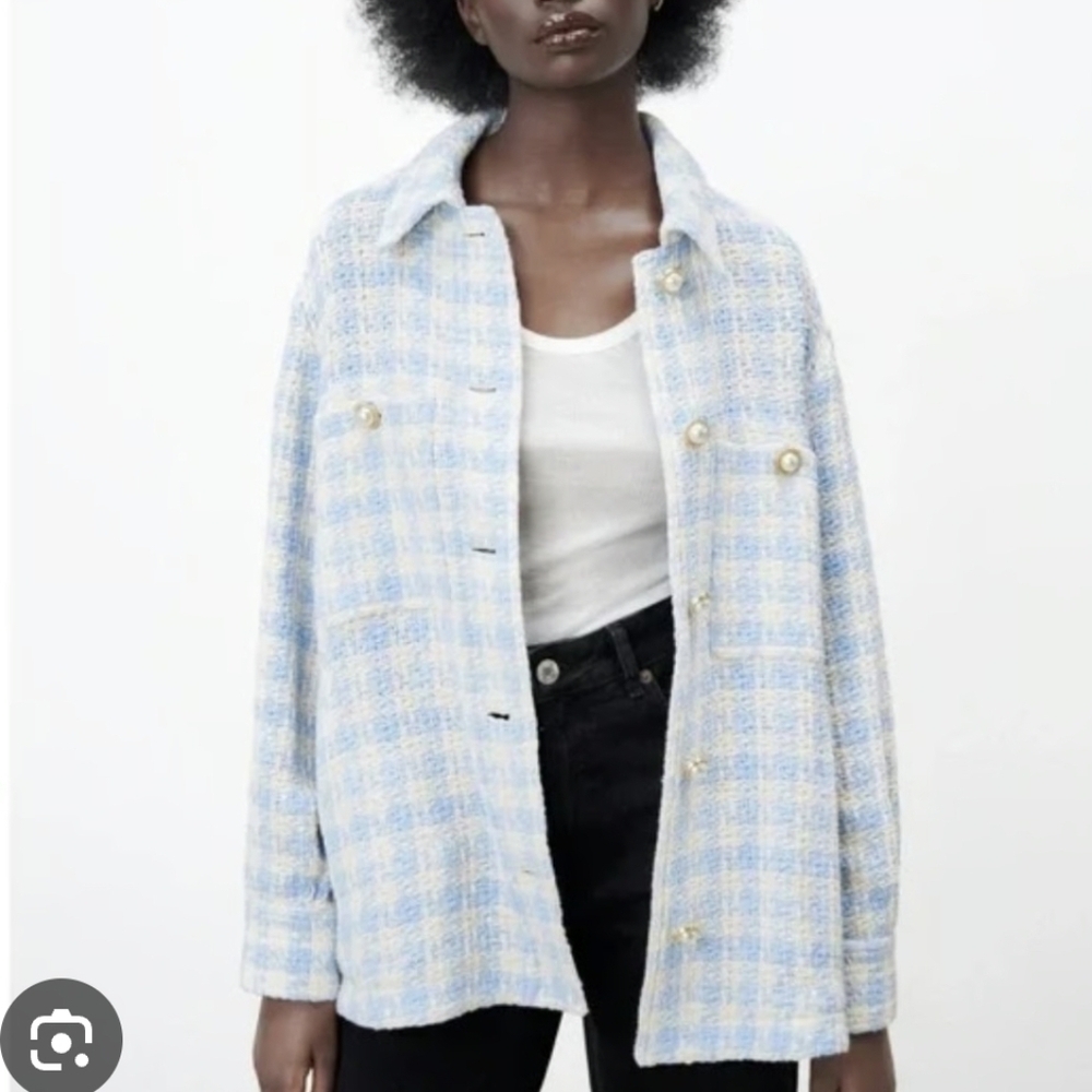 Zara Blue and Cream Houndstooth Tweed Shirt Jacket With Pearl Buttons
